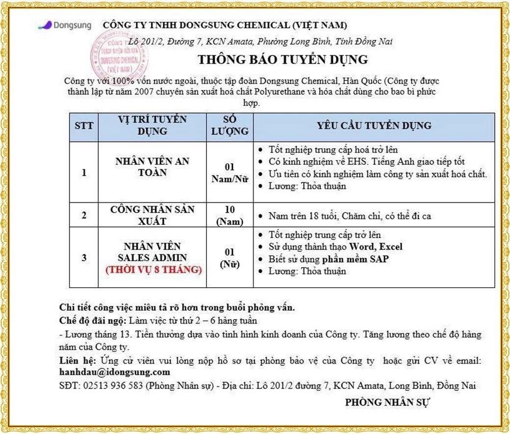 công ty TNHH dongsung chemical việt nam
công ty có 100% vốn hàn quốc.
chuyên sản xuất hoá chất phục vụ cho ngành bao bì image