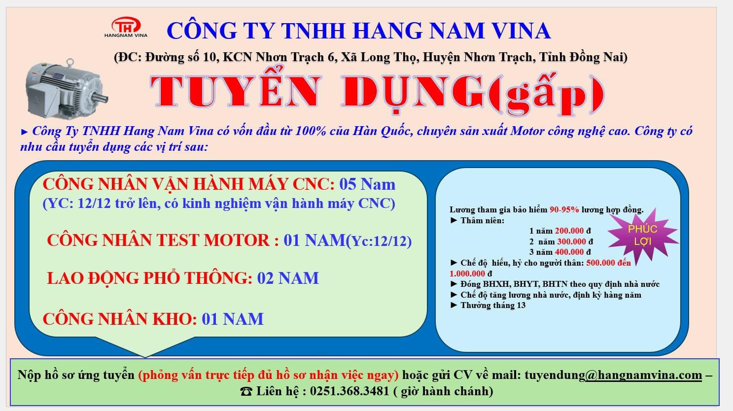 công ty TNHH hang nam vina
công ty có 100% vốn hàn quốc.
công ty chuyên sản xuất motor công nghệ cao. image