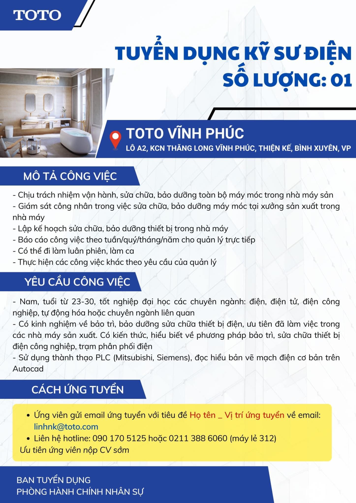 Công ti TNHH toto vĩnh phúc.
Có 100% vốn nhật bản.
Chuyên sản xuất thiết bị vệ sinh. image