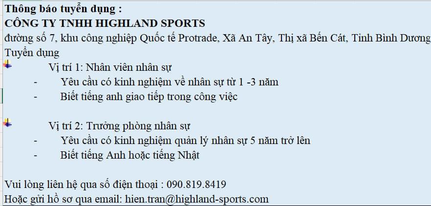 công ty TNHH highland sports hình ảnh tuyển dụng