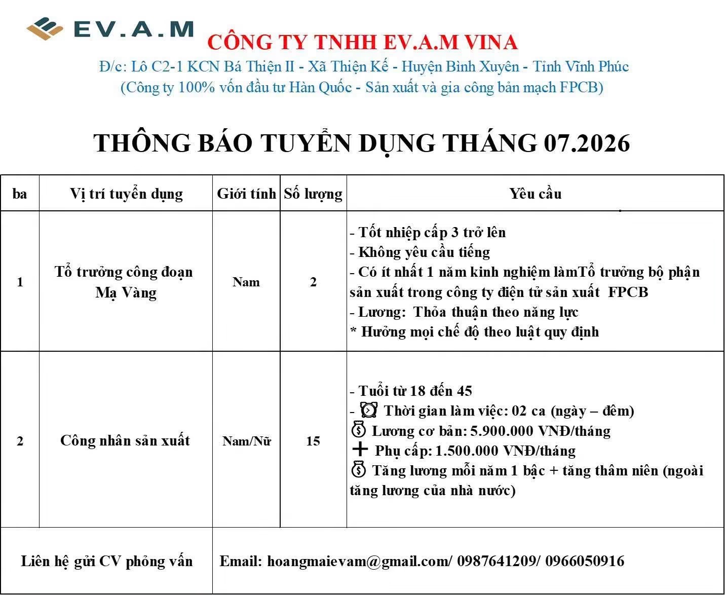 công ty TNHH ev advanced material vina hình ảnh tuyển dụng