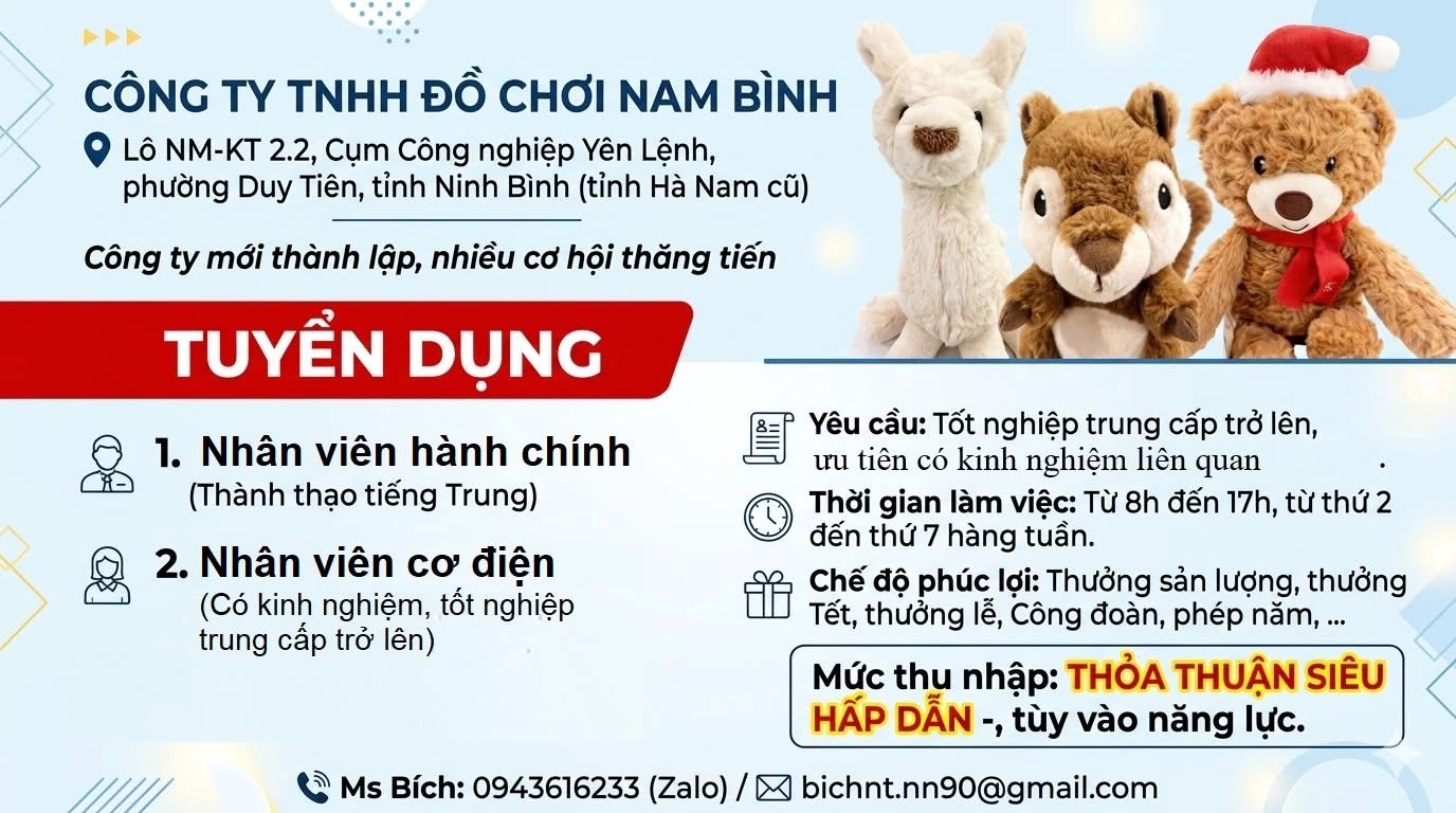 công ty TNHH đồ chơi nam bình
công ty có 100% vốn nước ngoài.
chuyên sản xuất đồ chơi thú nhồi bông image