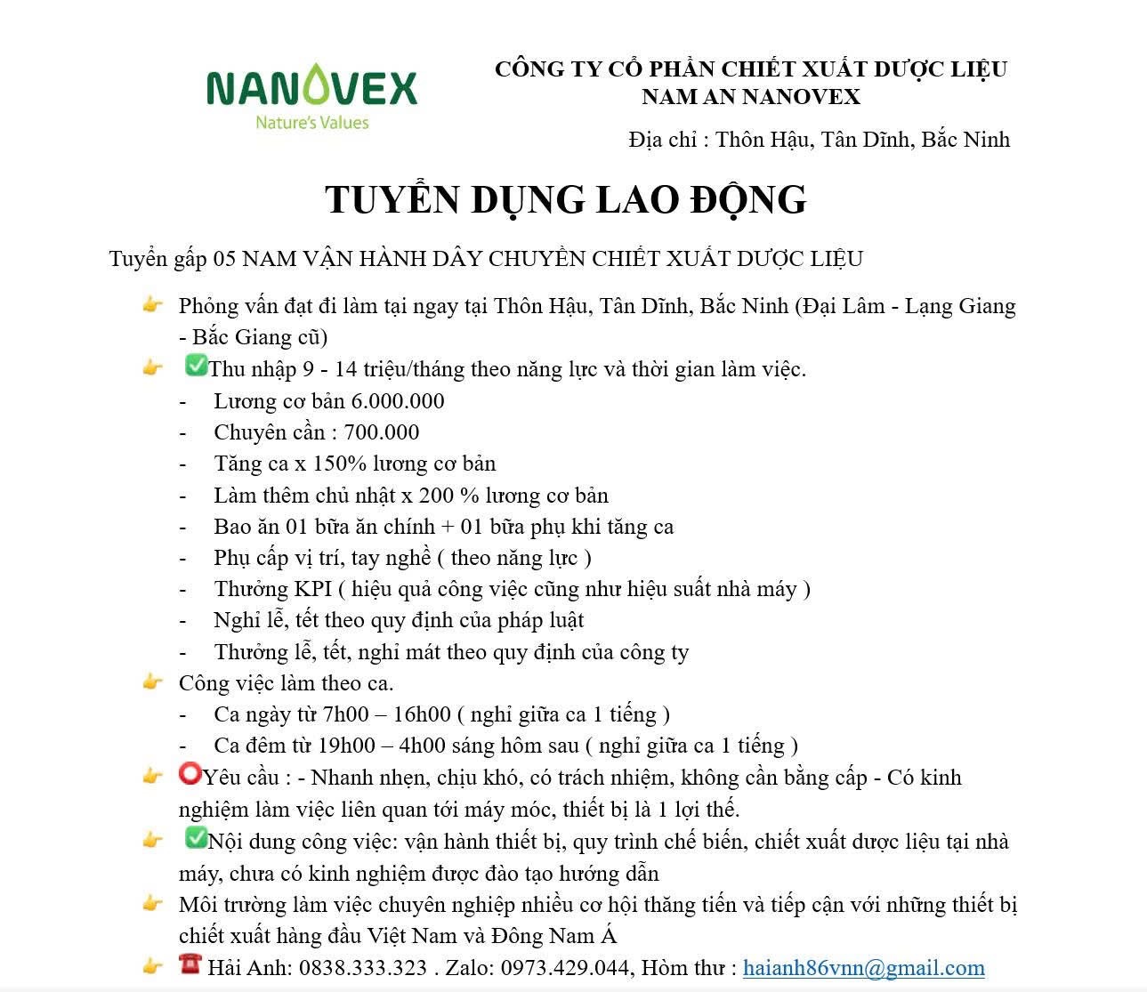 công ty cổ phần chiết xuất nam an nanovex hình ảnh tuyển dụng