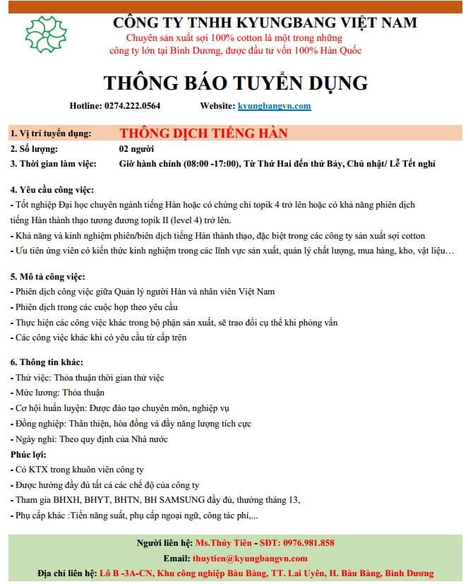 công ty TNHH kyungbang việt nam hình ảnh tuyển dụng