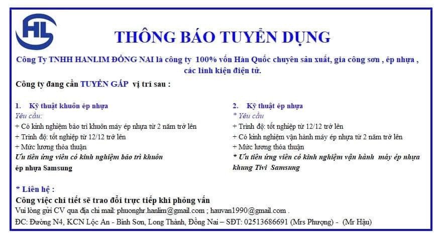 công ty TNHH hanlim đồng nai
công ty có 100% vốn hàn quốc
chuyên sản xuất linh kiện điện tử
 image