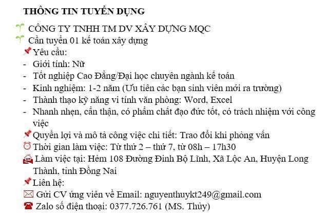 công ty TNHH TMDV xây dựng MQC hình ảnh tuyển dụng