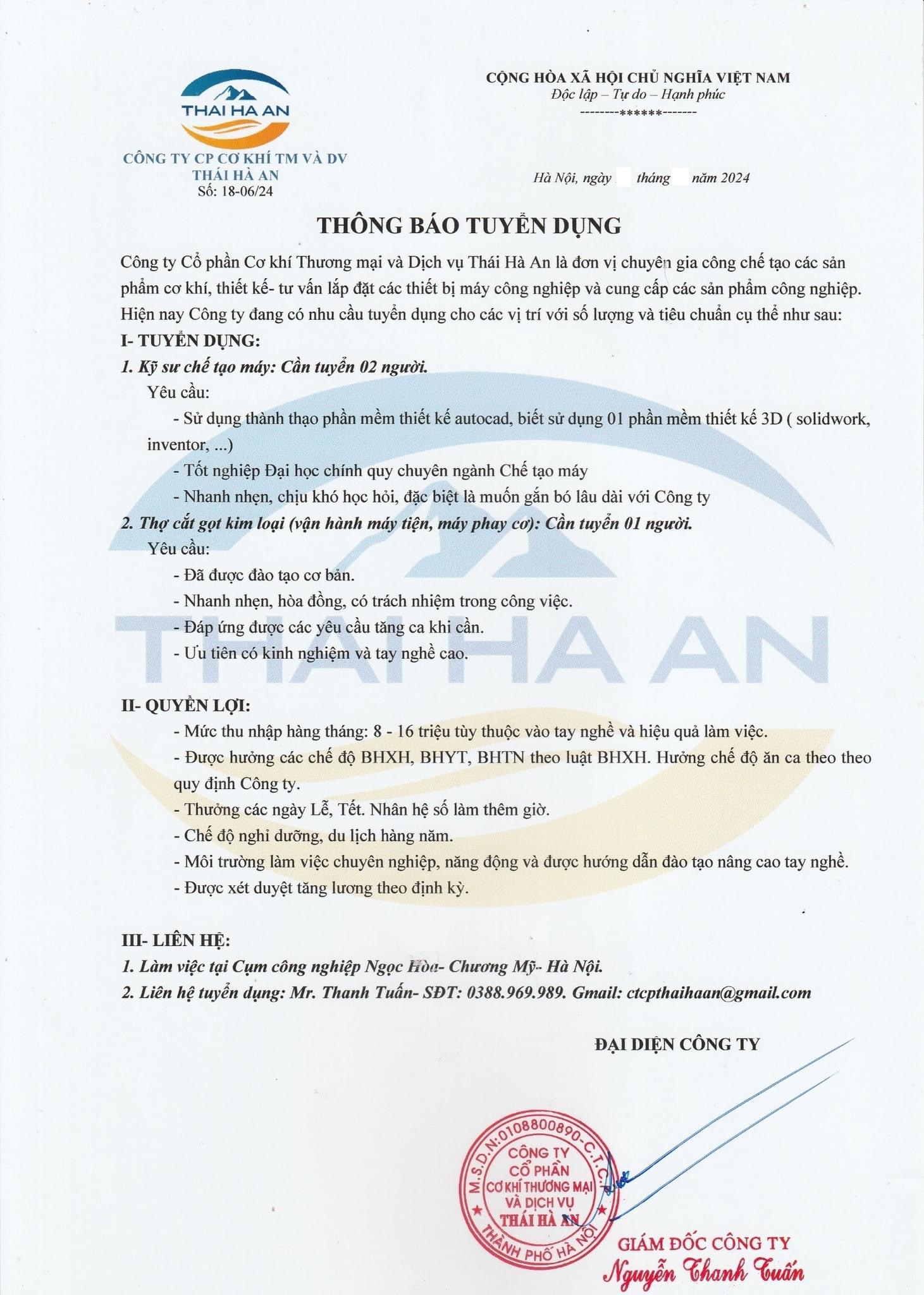 công ty cổ phần cơ khí TM và dịch vụ thái hoà an
công ty chuyên gia công chế tạo các sản phẩm cơ khí.
tứ vấn lắp đặt thiết bị máy móc image