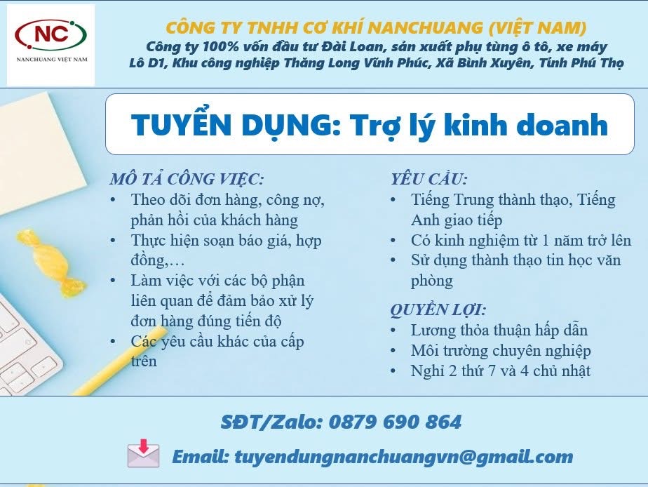 công ty TNHH cơ khí namchuang việt nam
công ty có 100% vốn đài loan.
Chuyên sản xuất linh kiện ô tô, xe máy image