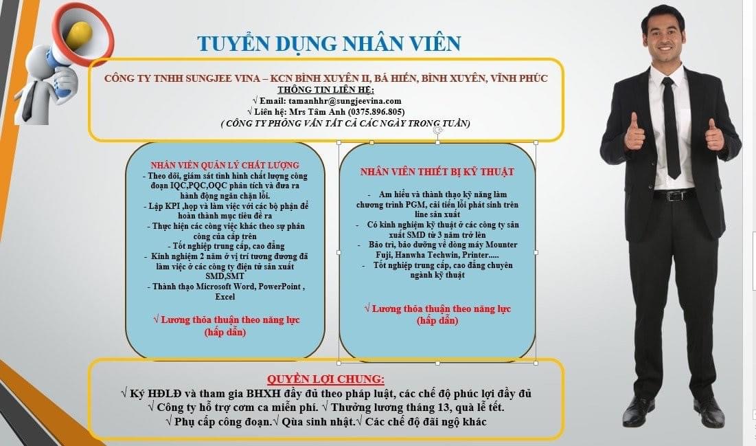 công ty TNHH sungjee vina
công ty có 100% vốn hàn quốc
chuyên sản xuất linh kiện điện tử image