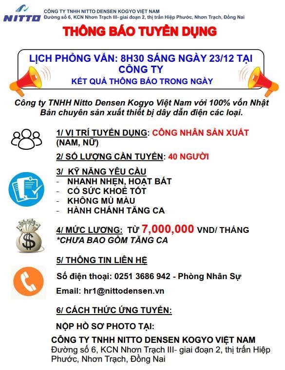 công ty TNHH nitto densen kogyo việt nam
công ty có 100% vốn nhật bản
chuyên sản xuất nội thất image