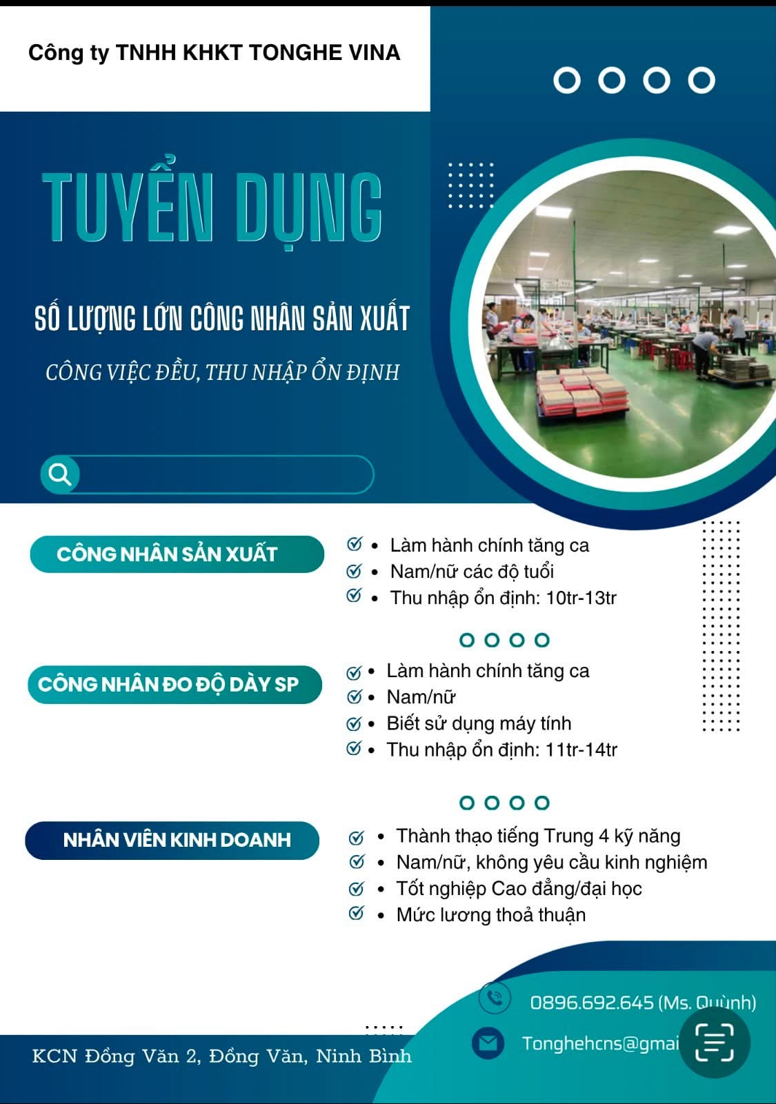 công ty TNHH khoa học kỹ thuật tonghe vina hình ảnh tuyển dụng