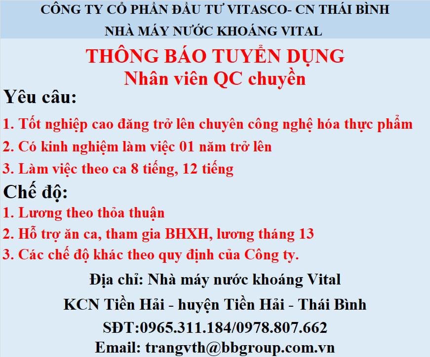 công ty cổ phần đầu tư vitasco- chi nhánh thái bình hình ảnh tuyển dụng