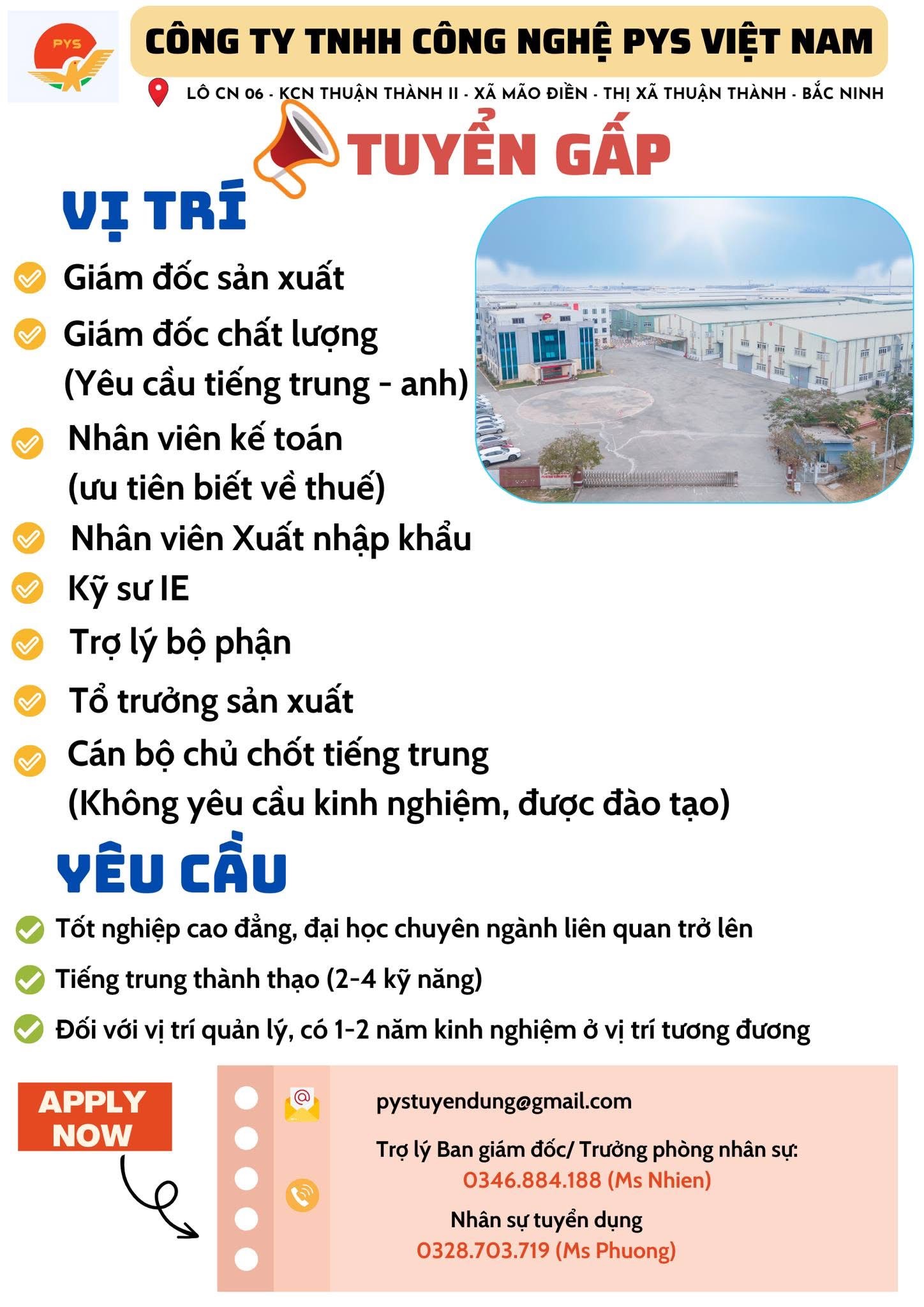 công ty TNHH công nghệ pys việt nam
công ty có 100% vốn nước ngoài.
chuyên sản xuất dây sạc điện thoại, dây kết nối image