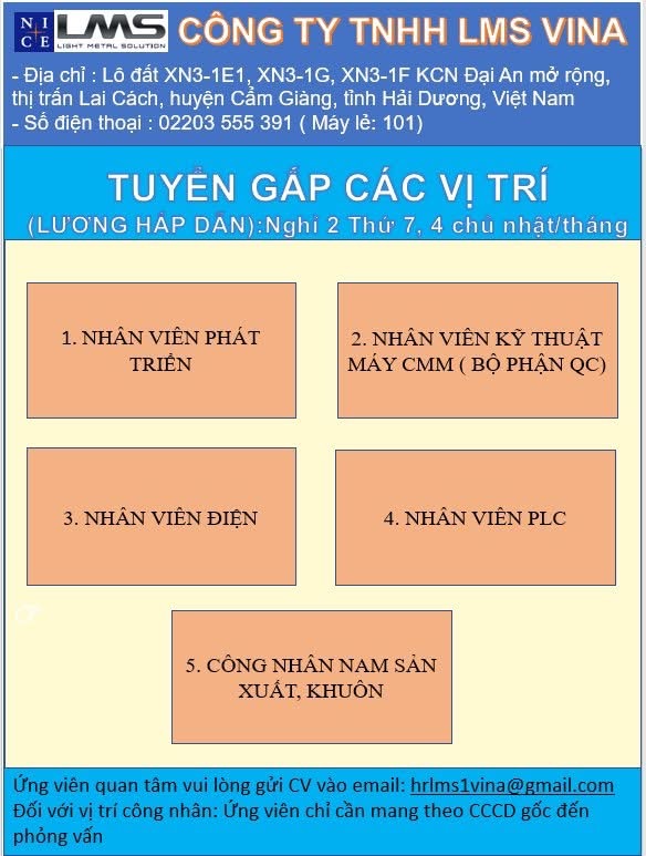 công ty TNHH LMS vina
công ty có 100% vốn hàn quốc
chuyên sản xuất nhôm định hình image