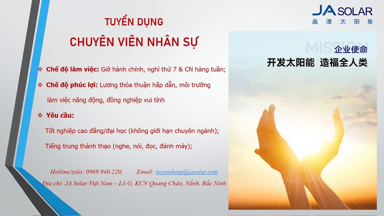 công ty TNHH ja solar việt nam
công ty có 100% vốn trung quốc
chuyên sản xuất linh kiện điện tử phục vụ năng lượng sạch image