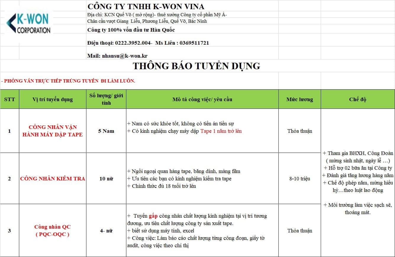 công ty TNHH k- won vina
công ty có 100% vốn hàn quốc
chuyên sản xuất linh kiện điện tử image