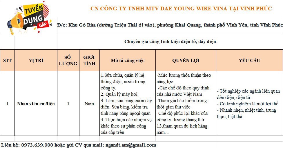 công ty TNHH mtv dea young wire vina tại vĩnh phúc hình ảnh tuyển dụng