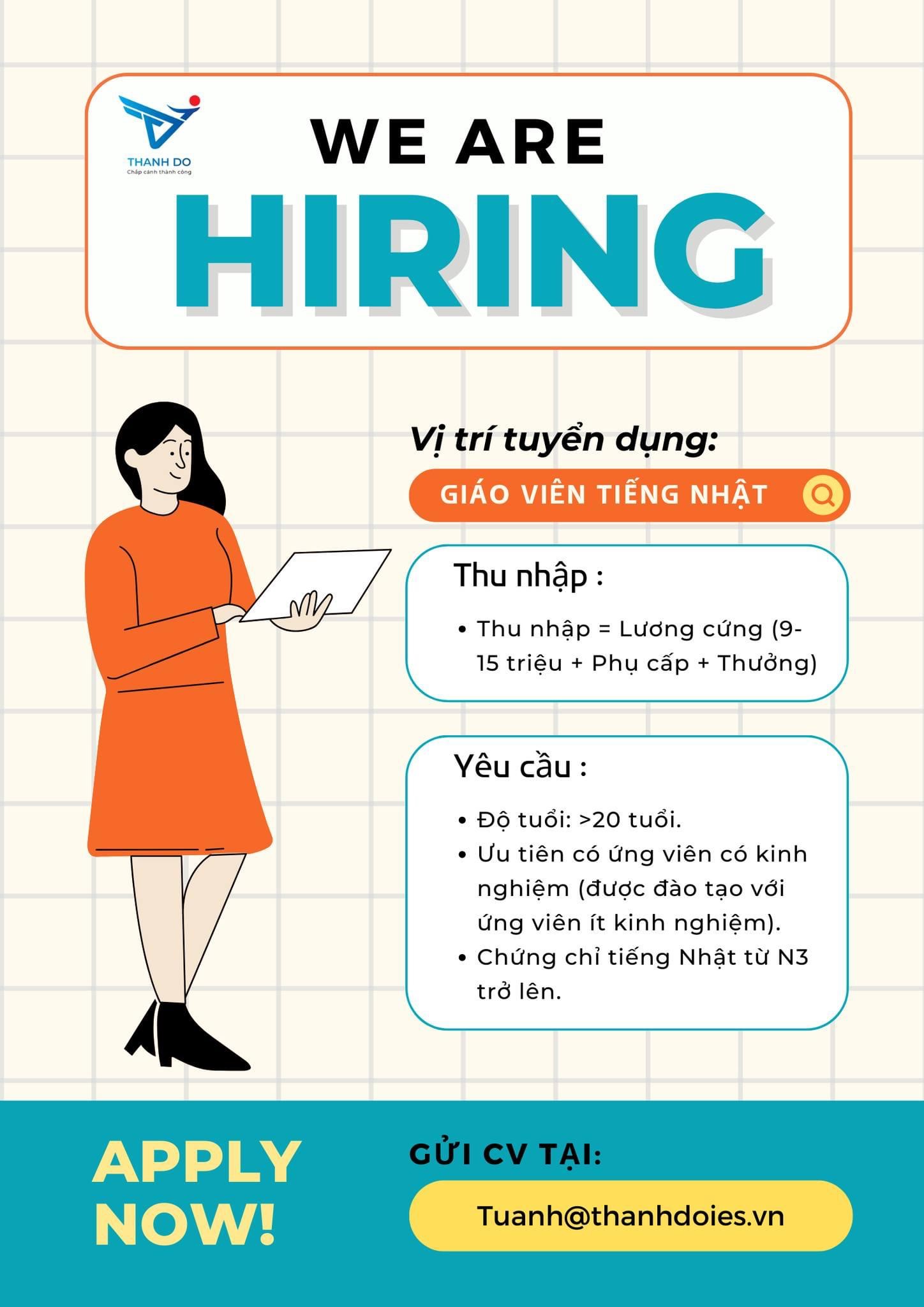 công ti cổ phần cung ứng nhân lực quốc tế thành đô
Cần tuyển giáo viên tiếng nhật cho trung tâm đào tạo việt đức tại xã đạo đức- huyện bình xuyên- tỉnh vĩnh phúc. image