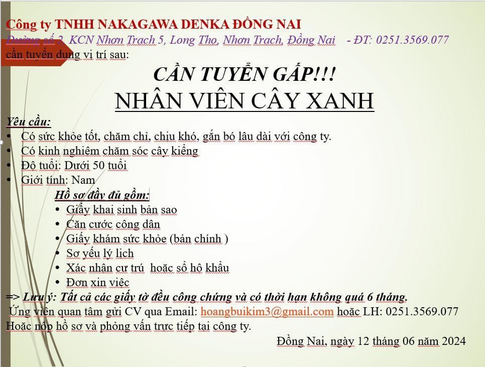 công ty TNHH nakagawa denka đồng nai.
công ty có 100% vốn nước ngoài.
chuyên sản xuất các thiết bị điện. image