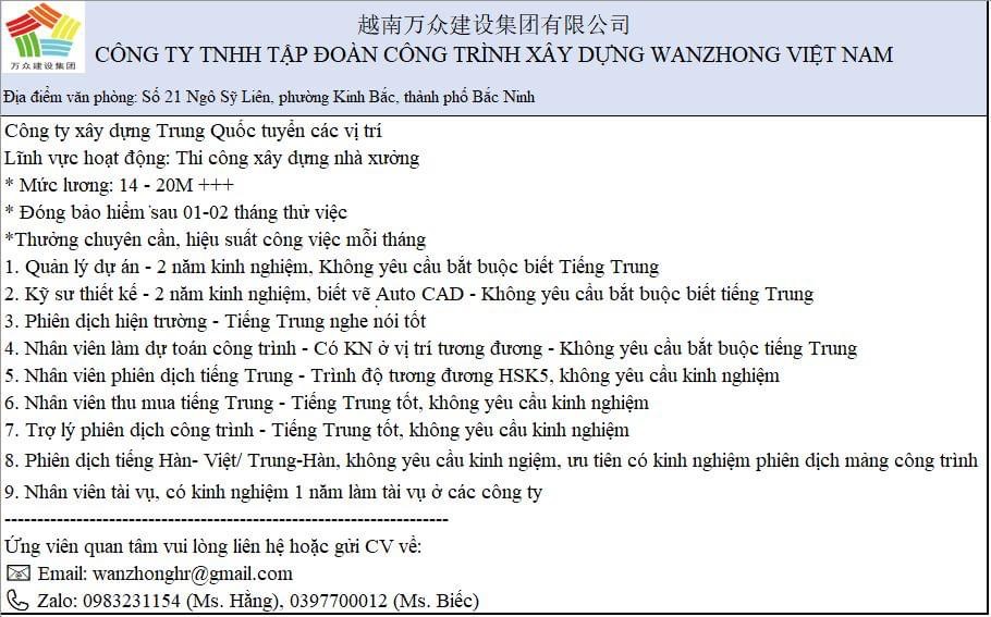 công ty TNHH tập đoàn xây dựng wanzhong việt nam hình ảnh tuyển dụng