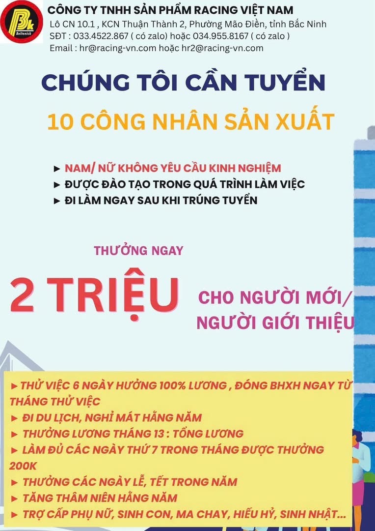 công ty TNHH sản phẩm racing việt nam
công ty có vốn hồng kong
chuyên sản xuất thiết bị phụ trợ ngành may image