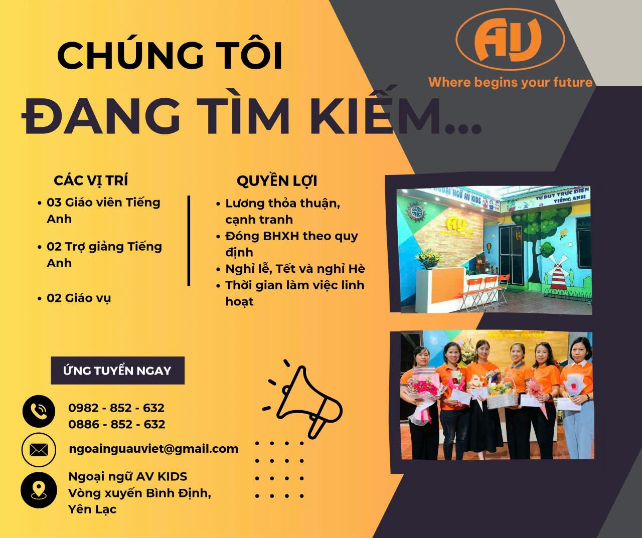 trung tâm ngoại ngữ av kids 
chuyên nhận đào tạo ngoại ngữ tiếng anh cho các cháu học sinh từ tiểu học đến trung học cơ sở. image