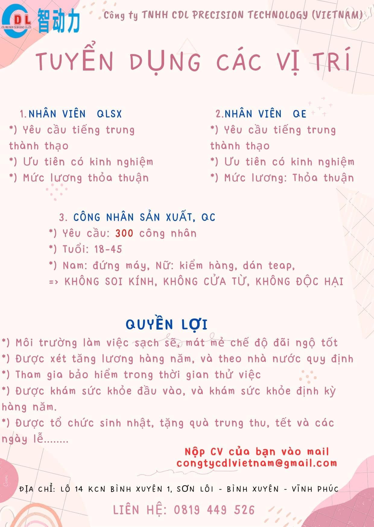 công ty TNHH cdl precision technology viet nam.
Chuyên sản xuất và gia công các tri tiết điện tử ,cho điện thoại, máy tính. image