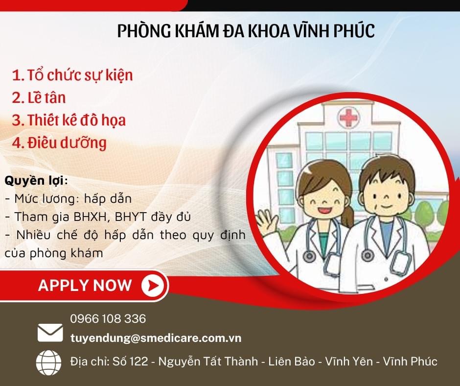 phòng khám đa khoa vĩnh phúc.
cần tuyển nhiều vị trí.
lương hấp dẫn, môi trường làm việc hiện đại,
tăng lương năm 1 lần image