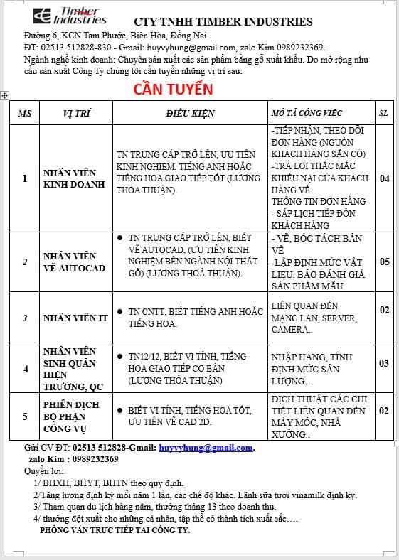 công ty TNHH timber industries hình ảnh tuyển dụng