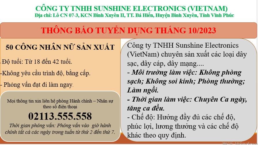 công ty TNHH sunshine electronics việt nam.
công ty có 100 vốn trung quốc.
Chuyên sản xuất dây xạc, dây cáp, dây mạng... image