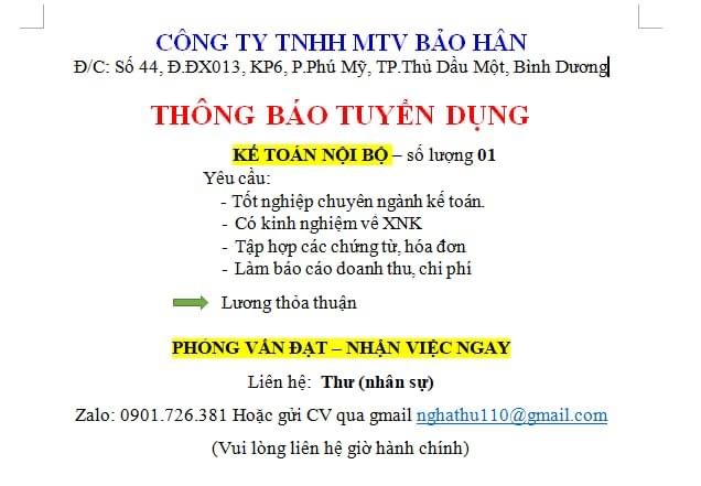 công ty TNHH MTV bảo hân hình ảnh tuyển dụng