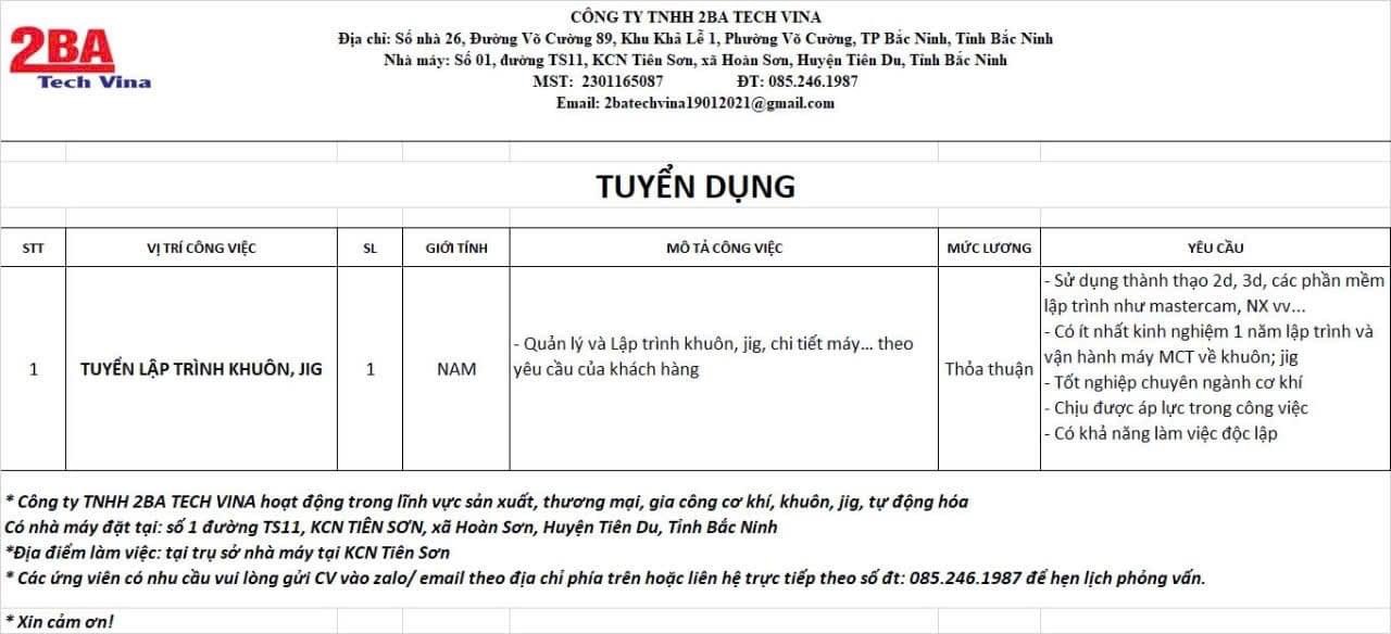 công ty TNHH 2ba tech vina
công ty chuyên buôn bán máy móc, thiết bị phụ tùng.
ngoài ra công ty còn gia công cơ khí, khuôn, gá image