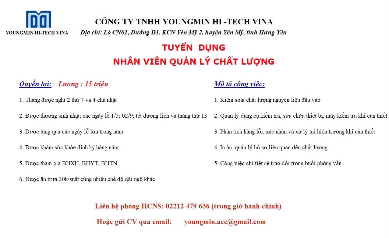 công ty TNHH youngmin hi-tech vina
công ty có 100% vốn hàn quốc.
chuyên sản xuất phụ tùng và bộ phận phụ trợ cho xe ô tô, xe máy. image