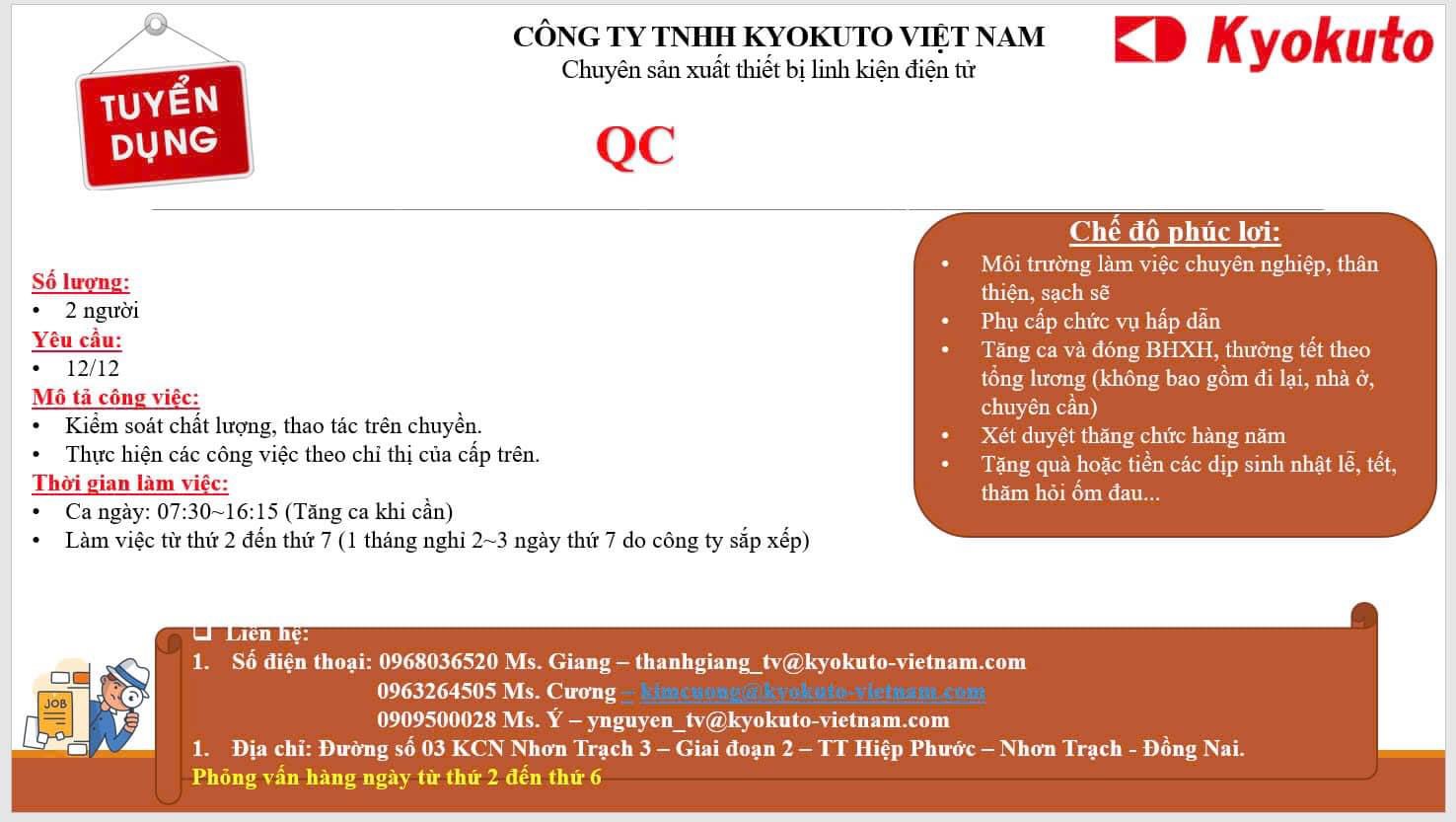 công ty TNHH kyokuto việt nam.
công ty có 100% vốn nước ngoài.
chuyên sản xuất linh kiện điện tử image