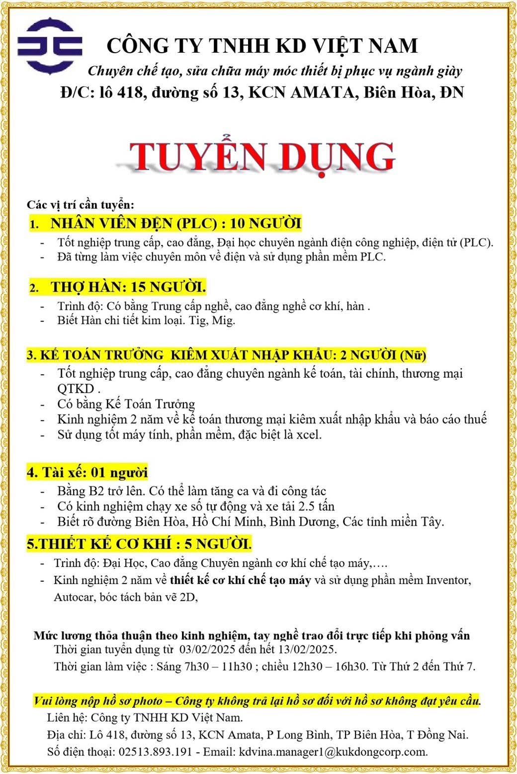 công ty TNHH kd việt nam
công ty có 100% vốn hàn quốc.
chuyên chế tạo, sửa chữa máy móc thiết bị phục vụ ngành giày image