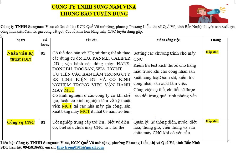 công ty TNHH sung nam vina
công ty có 100% vốn hàn quốc
Chuyên sản xuất linh kiện điện tử image
