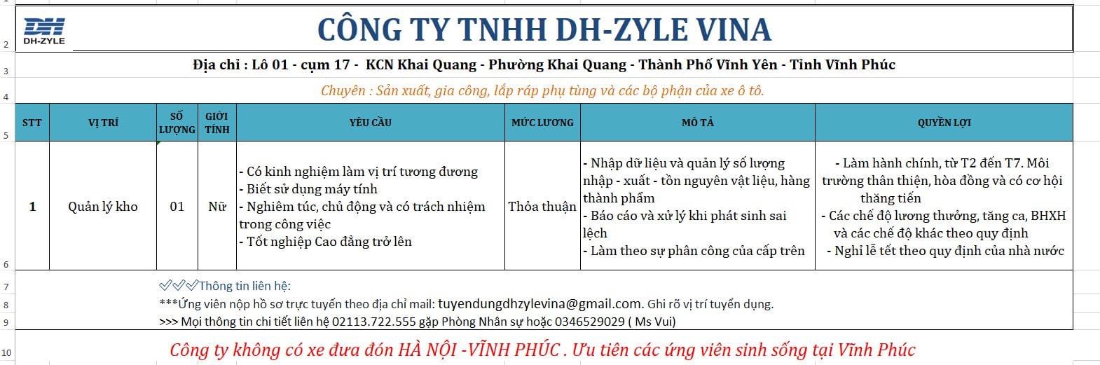 Công tu TNHH dh-zyle vina hình ảnh tuyển dụng