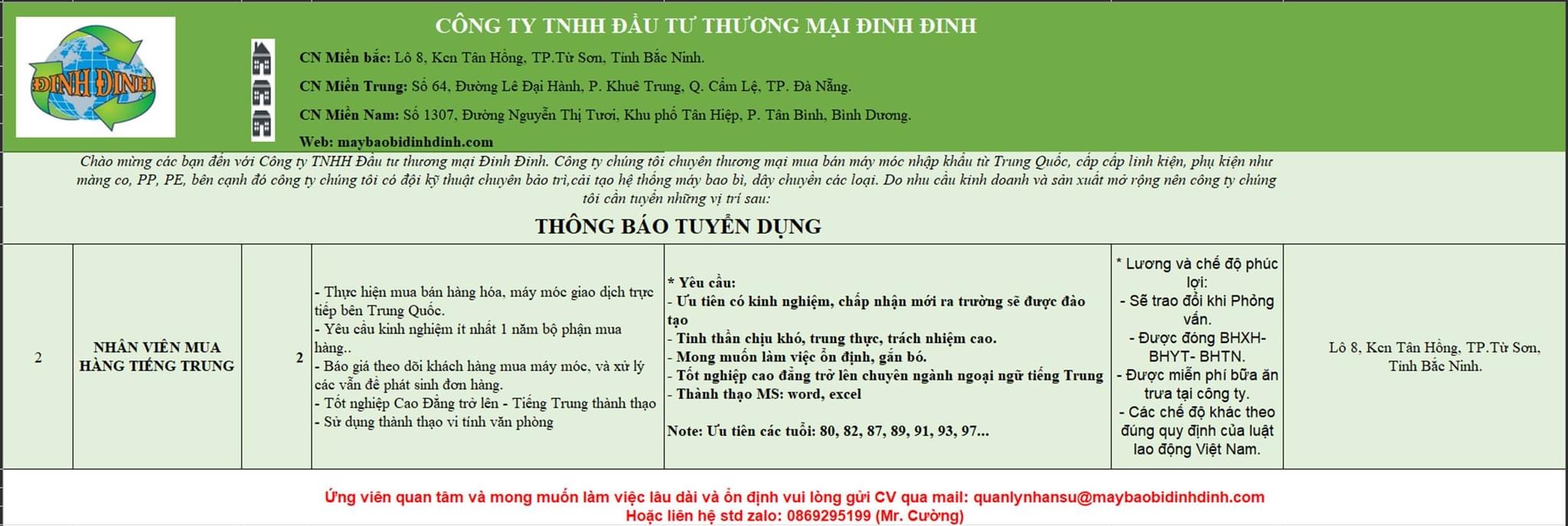 công ty TNHH đầu tư thương mại đinh đinh chi nhánh bắc ninh hình ảnh tuyển dụng