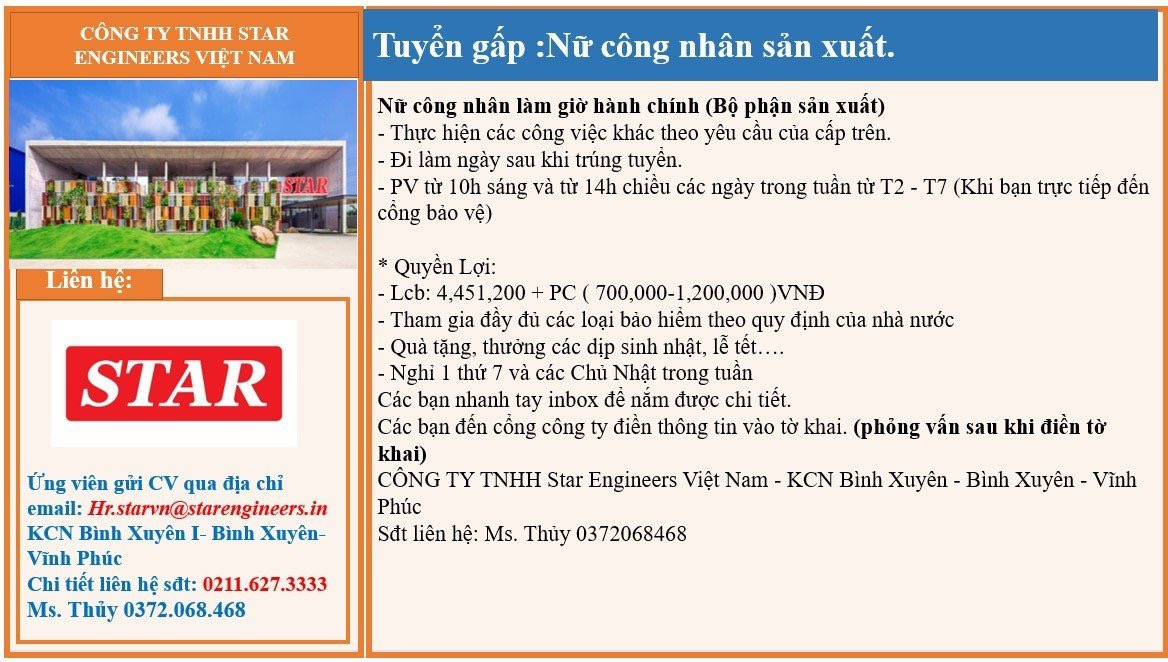 Công ti cần tuyển nữ công nhân làm hành chính.
Tổng lương khoảng 6 triệu vnd, 
Tham gia đầy đủ bảo hiểm theo qui định
tháng nghỉ 6 ngày. image