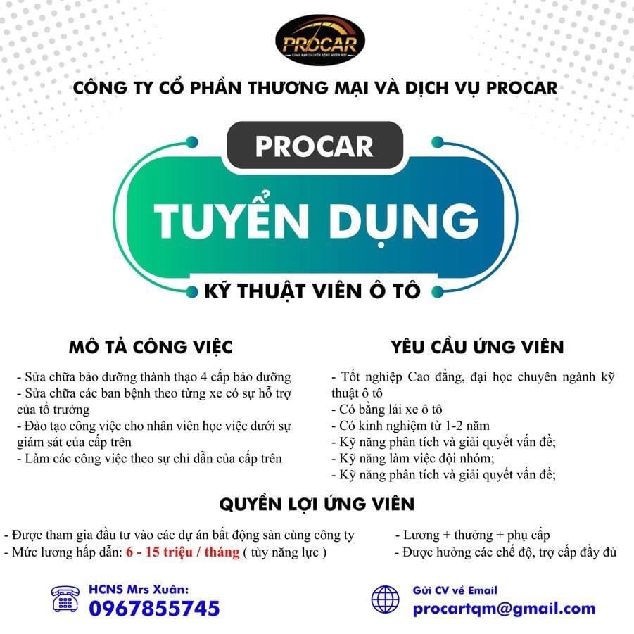 công ti cổ phần thương mại và dịch vụ procar.
Công ti chuyên mua bán xe oto cũ mới, dịch vụ bảo dưỡng xe oto.
 image