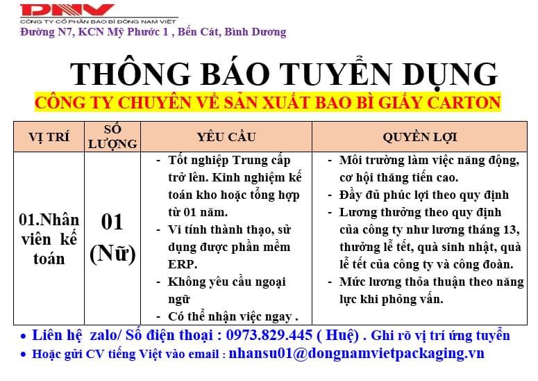 công ty cổ phần bao bì đông nam việt hình ảnh tuyển dụng