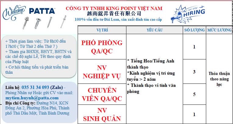 công ty TNHH king point việt nam
công ty có 100% vốn đài loan
chuyên sản xuất đinh tán cao cấp image