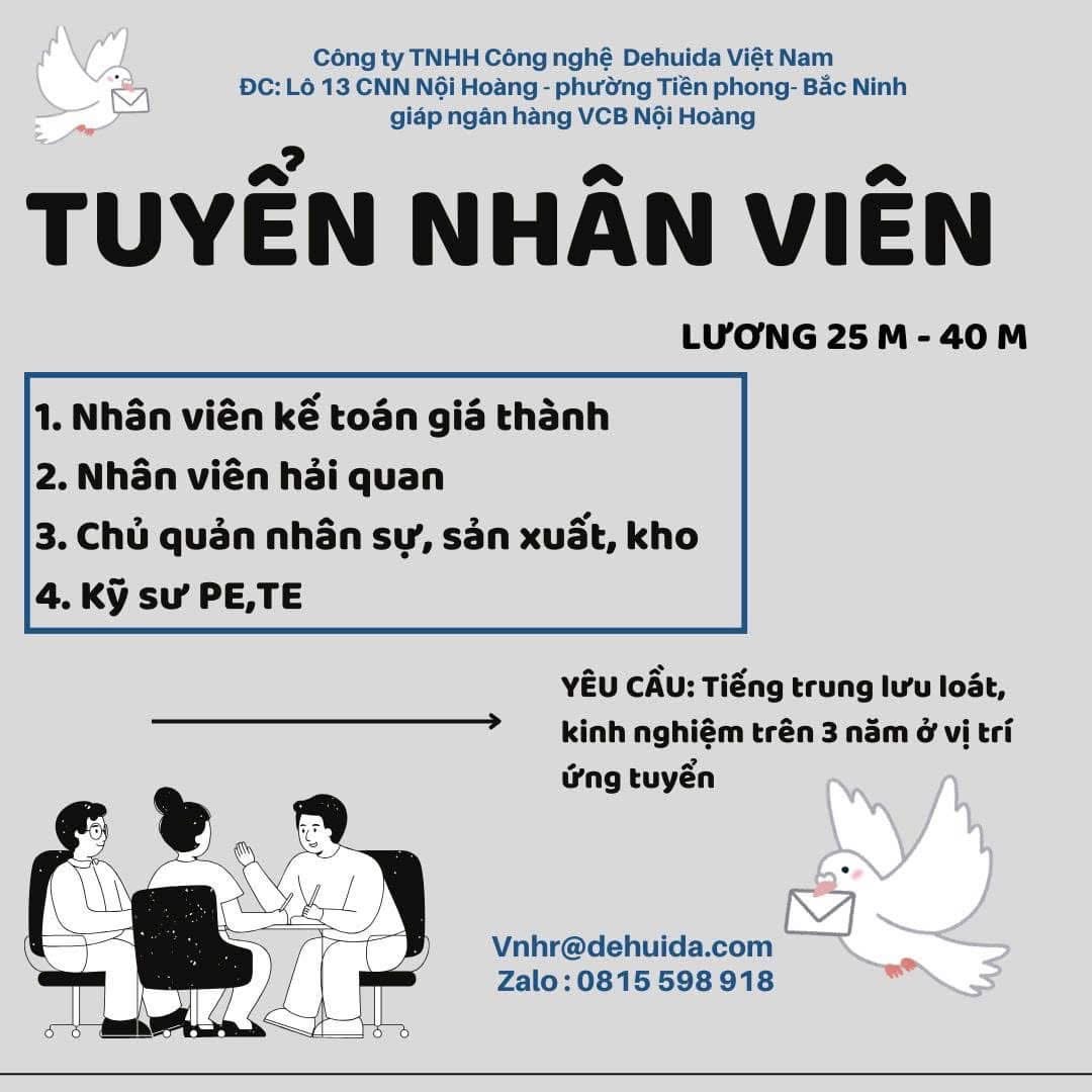 công ty TNHH công nghệ dehuida việt nam
công ty có 100% vốn trung quốc
chuyên sản xuất linh kiện điện tử image