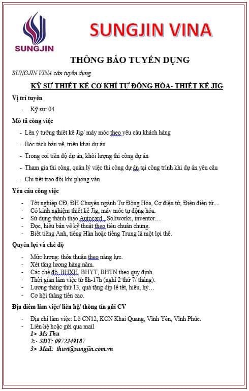 công ty TNHH sungjin vina.
là công ty có 100% vốn hàn quốc, chuyên gia công đồ gá jig. image