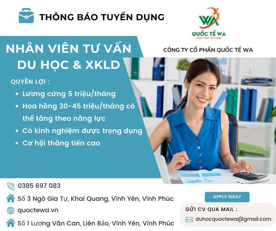 công ty cổ phần quốc tế wa.
công ty chuyên tư vấn du học và xuất khẩu lao động. image