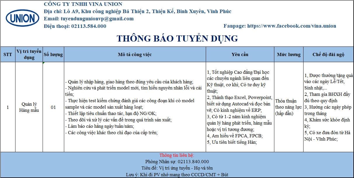 công ti TNHH vina union .
Công ti có 100% vốn hàn quốc.
tuyển quản lý hàng mẫu. image