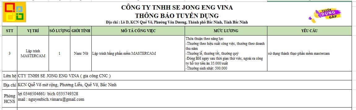 công ty TNHH se jong eng vina hình ảnh tuyển dụng