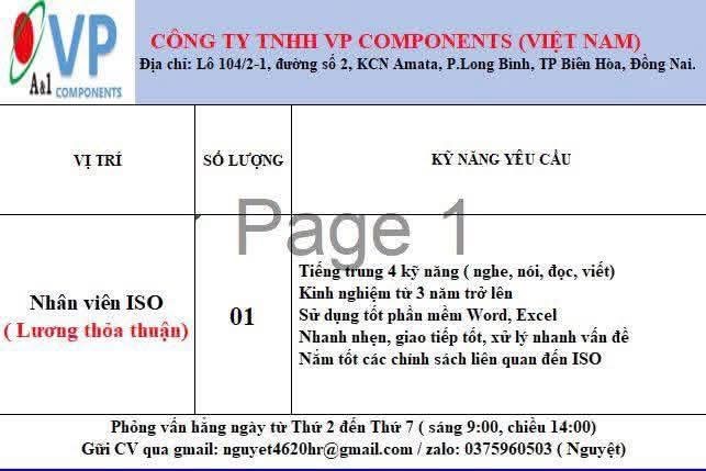 công ty TNHH vp components việt nam hình ảnh tuyển dụng