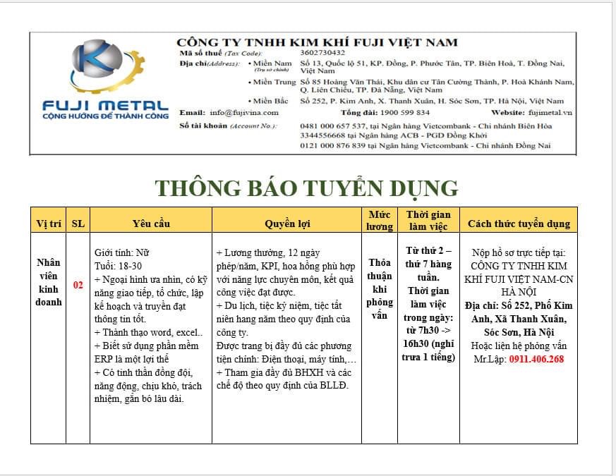 công ty TNHH kim khí fuji việt nam hình ảnh tuyển dụng