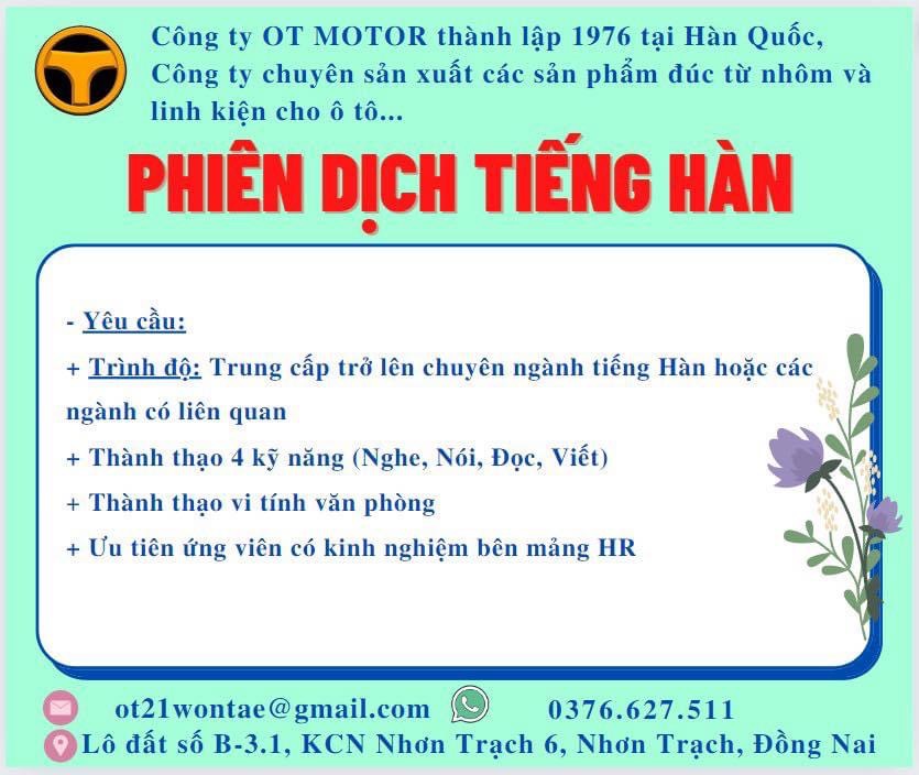 công ty TNHH ot motor vina
công ty có 100% vốn hàn quốc.
chuyên sản xuất phụ tùng ô tô. image